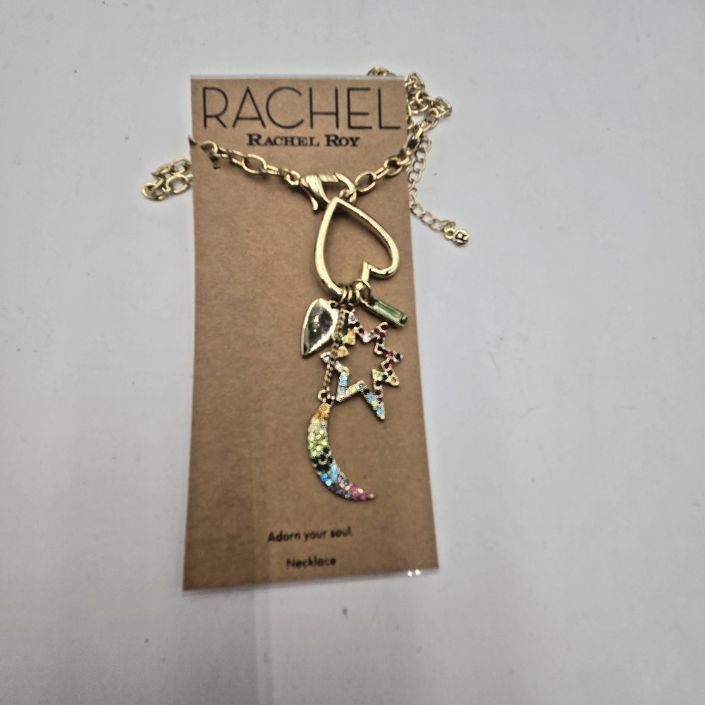 Gold Tone Charm Statement‎ Necklace Rainbow Stones Heart Star Moon Adjustable